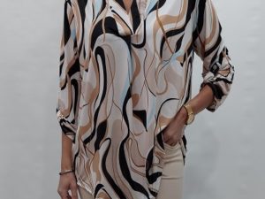 print blouse v-neck zwart/beige