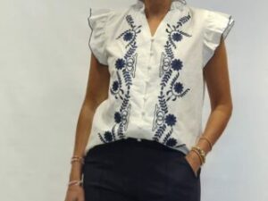 blouse wit/navy borduur